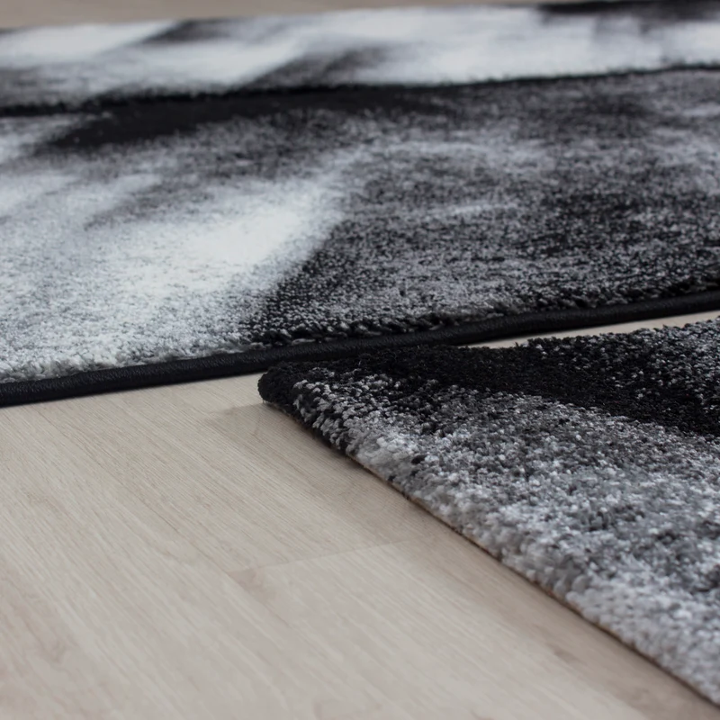 Kurzflor Bettumrandung Teppich 3-teilig Abstrakt Schatten meliert Grau Schwarz