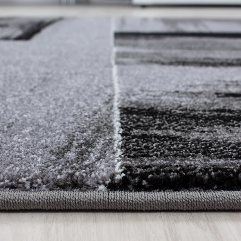 Kurzflor Teppich Läufer-Set Bettumrandung Kacheldesign Grau Schwarz meliert