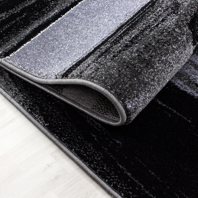 Kurzflor Teppich Läufer-Set Bettumrandung Kacheldesign Grau Schwarz meliert
