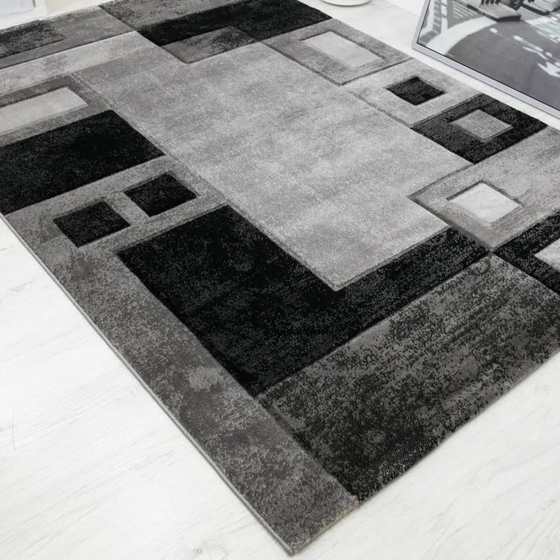 Designer Teppich Wohnzimmer Grau Kariert mit Farbverlauf und Konturenschnitt
