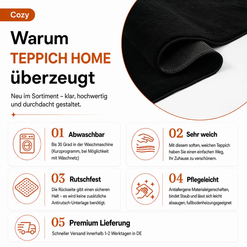 Waschbarer Kurzflor Teppich, rutschfest & weich, Einfarbig für Wohnzimmer, Schlafzimmer, Küche & Kinderzimmer