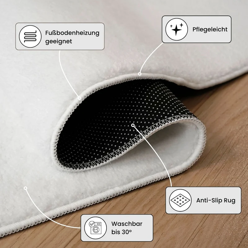 Waschbarer Kurzflor Teppich, rutschfest & weich, Einfarbig für Wohnzimmer, Schlafzimmer, Küche & Kinderzimmer
