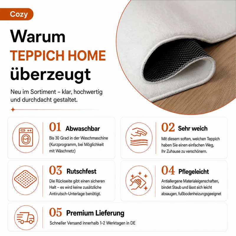 Waschbarer Kurzflor Teppich, rutschfest & weich, Einfarbig für Wohnzimmer, Schlafzimmer, Küche & Kinderzimmer