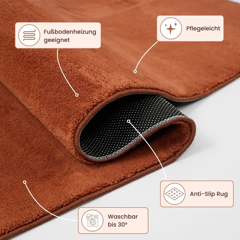 Waschbarer Kurzflor Teppich, rutschfest & weich, Einfarbig für Wohnzimmer, Schlafzimmer, Küche & Kinderzimmer