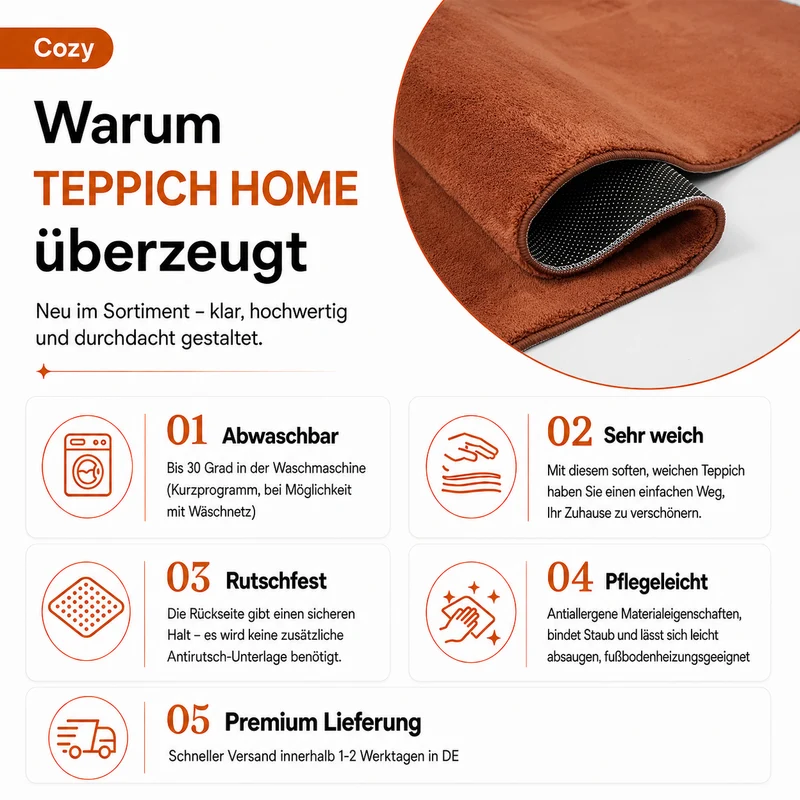 Waschbarer Kurzflor Teppich, rutschfest & weich, Einfarbig für Wohnzimmer, Schlafzimmer, Küche & Kinderzimmer