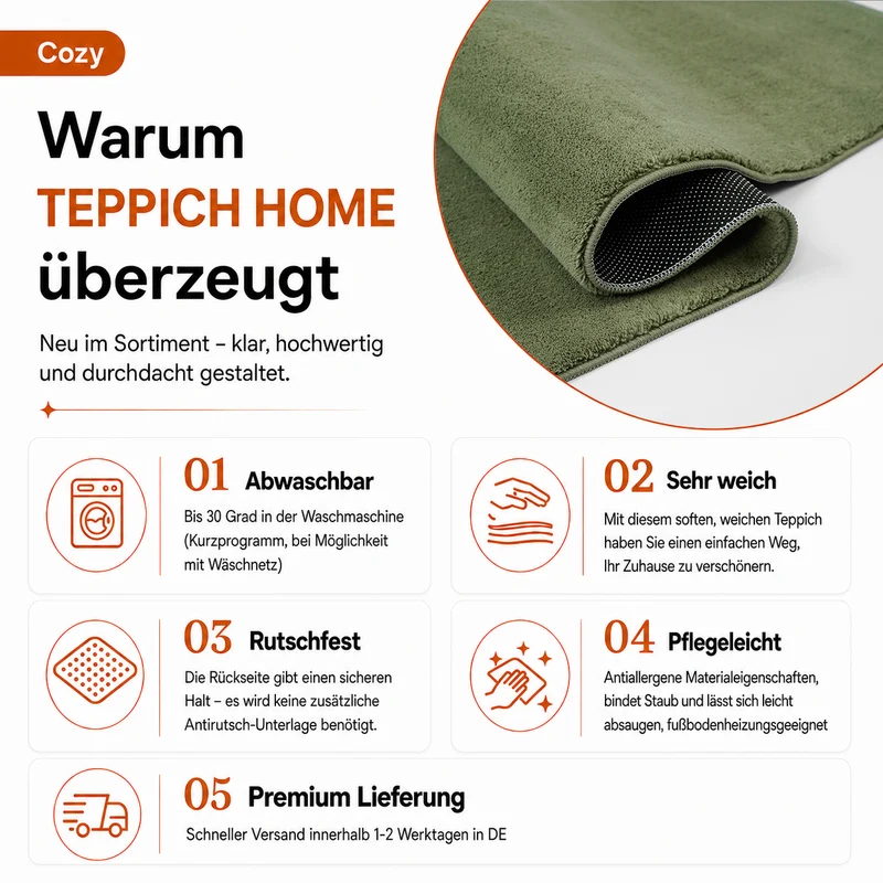 Waschbarer Kurzflor Teppich, rutschfest & weich, Einfarbig für Wohnzimmer, Schlafzimmer, Küche & Kinderzimmer