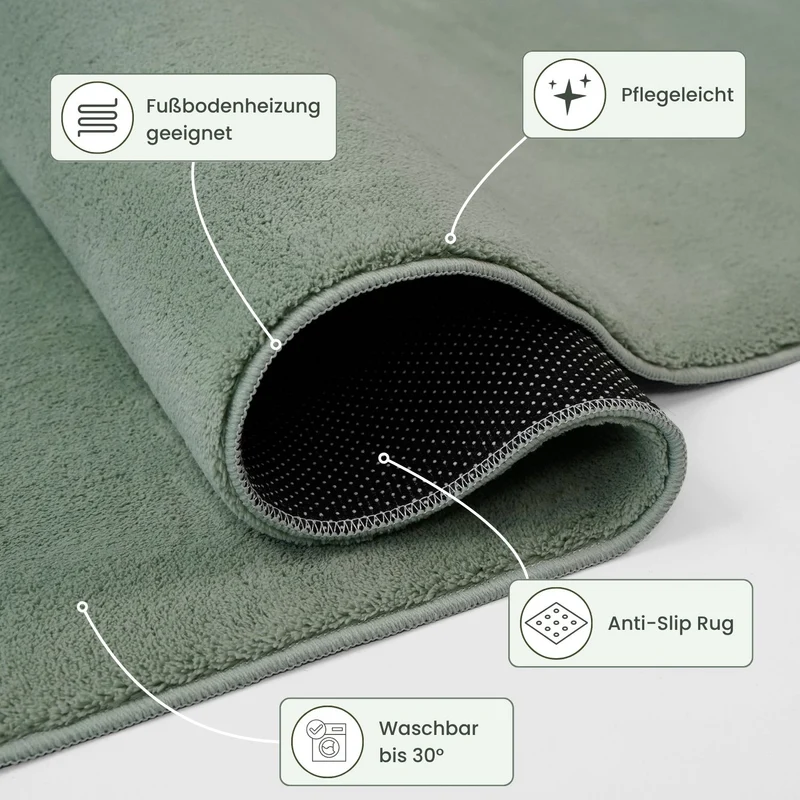 Waschbarer Kurzflor Teppich, rutschfest & weich, Einfarbig für Wohnzimmer, Schlafzimmer, Küche & Kinderzimmer