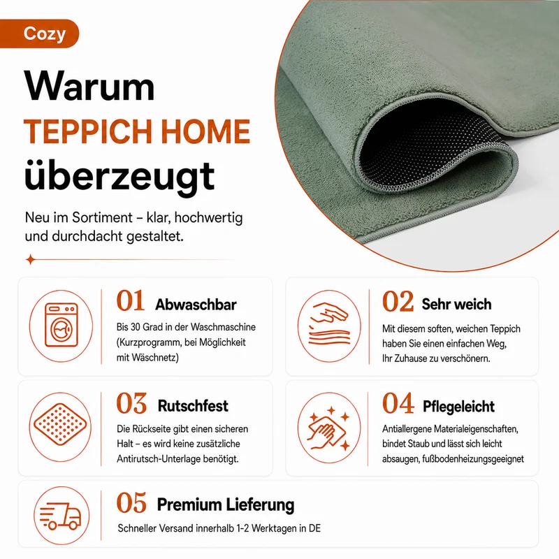 Waschbarer Kurzflor Teppich, rutschfest & weich, Einfarbig für Wohnzimmer, Schlafzimmer, Küche & Kinderzimmer