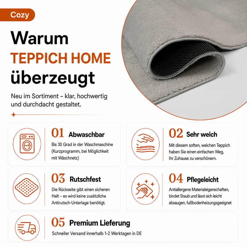 Waschbarer Kurzflor Teppich, rutschfest & weich, Einfarbig für Wohnzimmer, Schlafzimmer, Küche & Kinderzimmer