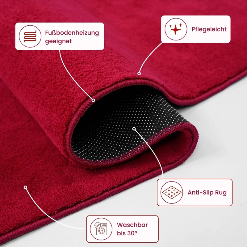 Waschbarer Kurzflor Teppich, rutschfest & weich, Einfarbig für Wohnzimmer, Schlafzimmer, Küche & Kinderzimmer