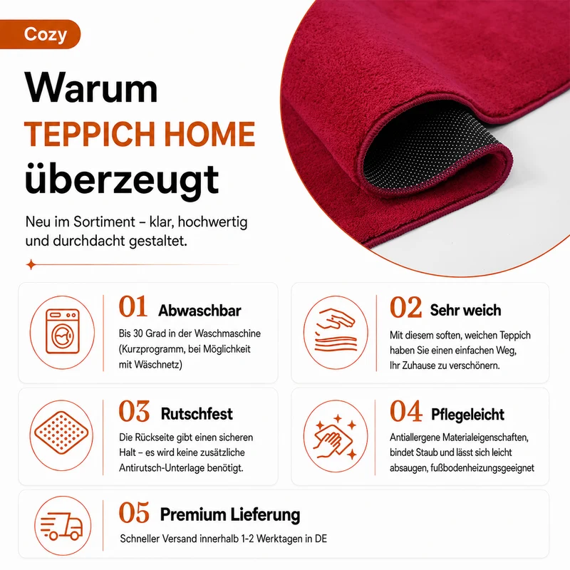 Waschbarer Kurzflor Teppich, rutschfest & weich, Einfarbig für Wohnzimmer, Schlafzimmer, Küche & Kinderzimmer