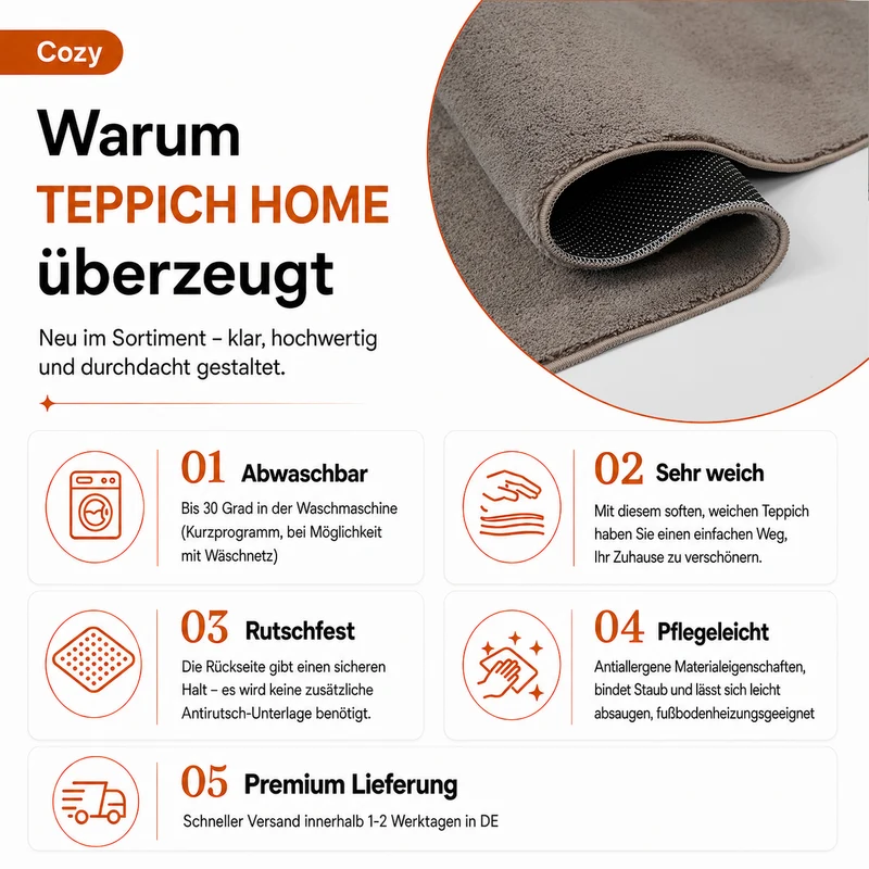 Waschbarer Kurzflor Teppich, rutschfest & weich, Einfarbig für Wohnzimmer, Schlafzimmer, Küche & Kinderzimmer