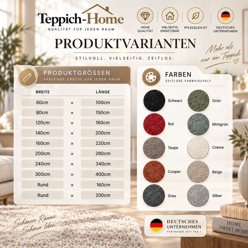 Waschbarer Kurzflor Teppich, rutschfest & weich, Einfarbig für Wohnzimmer, Schlafzimmer, Küche & Kinderzimmer