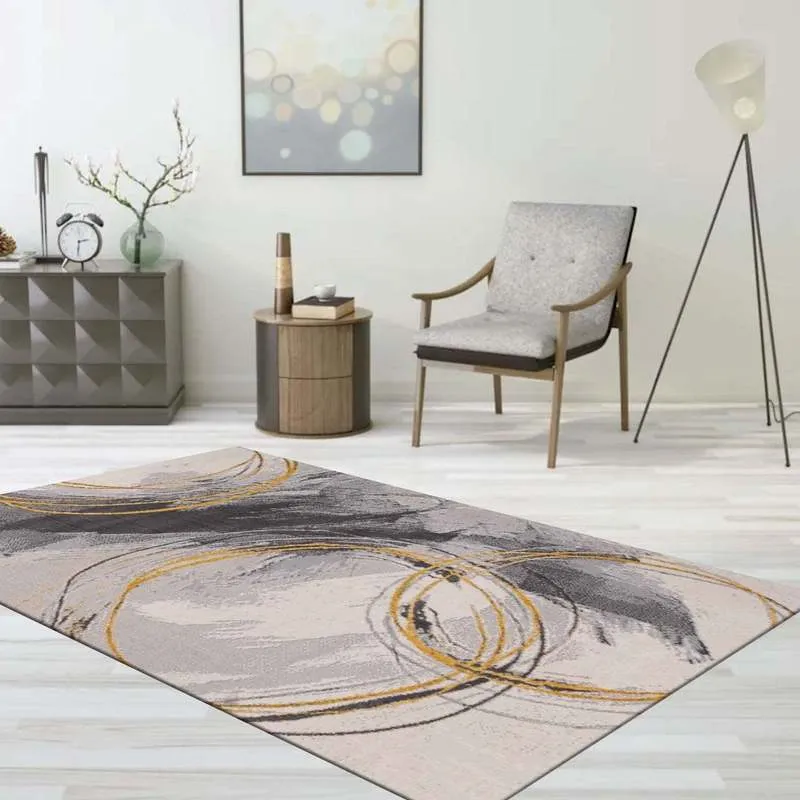 Teppich Wohnzimmer Schlafzimmer Flur Teppich Kurzflor Kreisel Muster in Gelb Creme