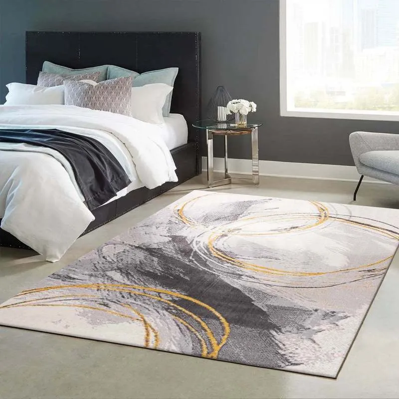 Teppich Wohnzimmer Schlafzimmer Flur Teppich Kurzflor Kreisel Muster in Gelb Creme