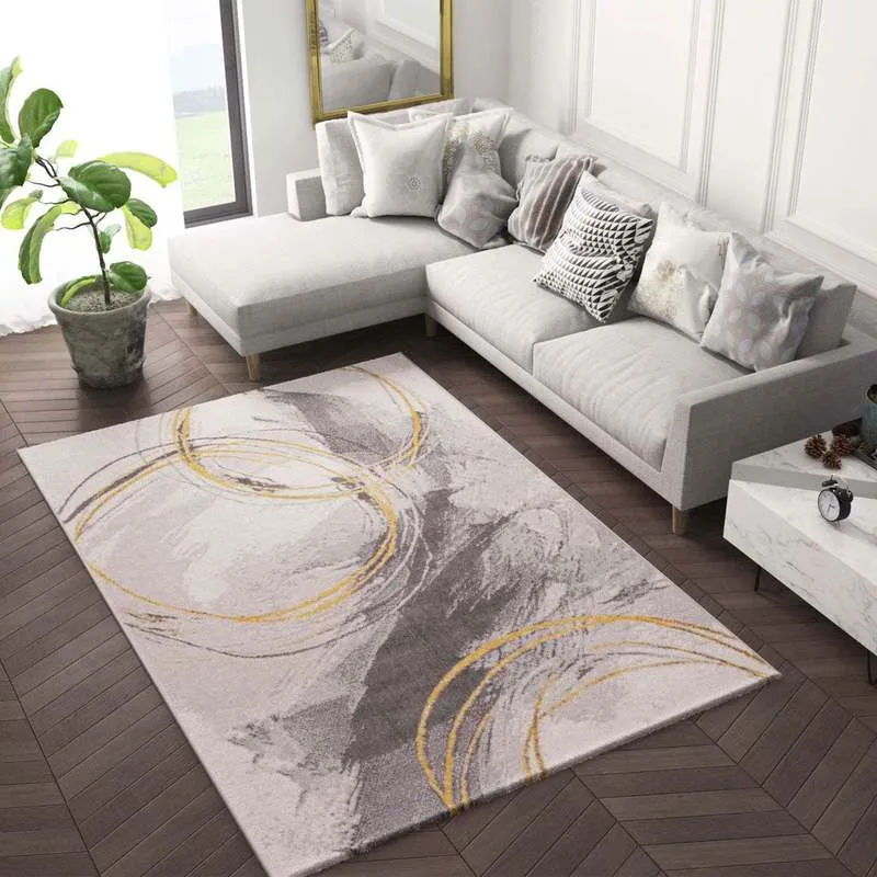 Teppich Wohnzimmer Schlafzimmer Flur Teppich Kurzflor Kreisel Muster in Gelb Creme