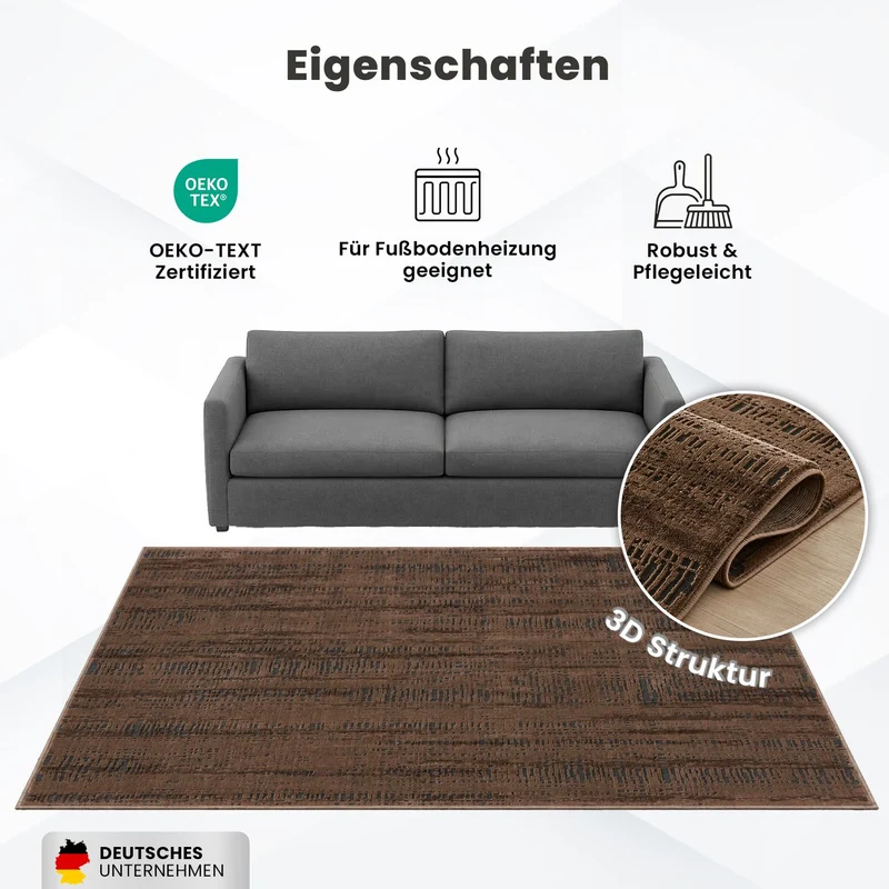 Teppich Modern Wohnzimmer Schlafzimmer Boho 3D Effekt Hoch&Tief Pflegeleicht in Braun und Anthrazit