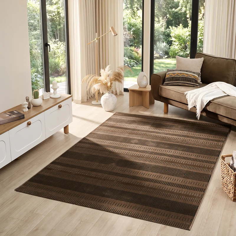 Teppich Modern Wohnzimmer Schlafzimmer Boho 3D Effekt Hoch&Tief Pflegeleicht in Braun