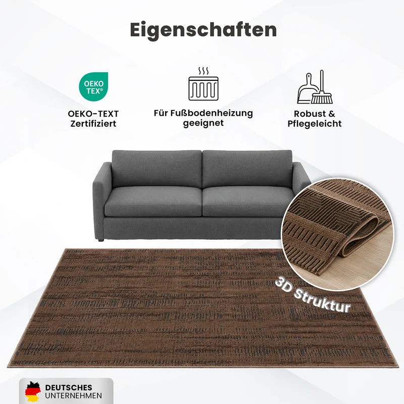 Teppich Modern Wohnzimmer Schlafzimmer Boho 3D Effekt Hoch&Tief Pflegeleicht in Braun
