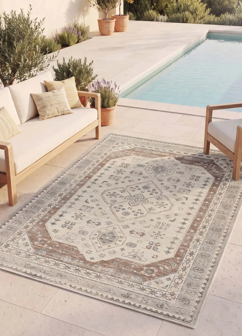 Alfombra de exterior vintage efecto desgastado Lua 3111 gris y caldera