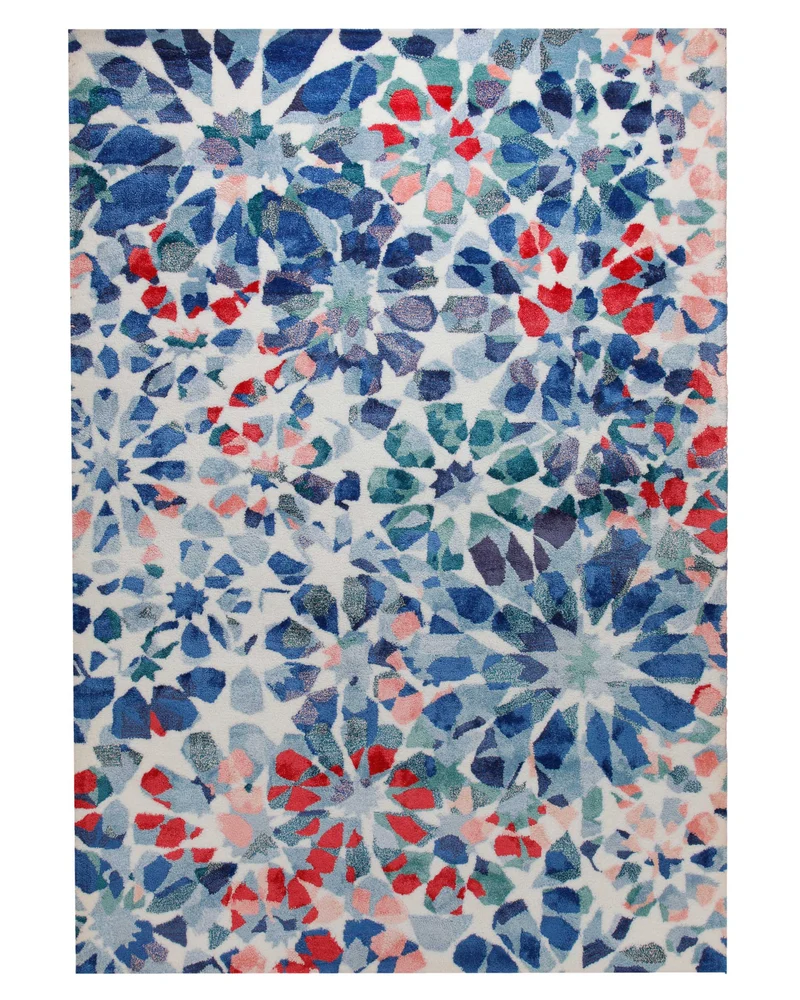 Mosaikblüte in Hellblau - Handtuft Wolle 160 x 230 cm