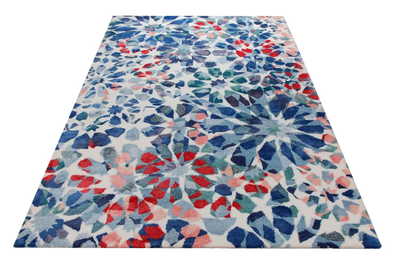 Mosaikblüte in Hellblau - Handtuft Wolle 160 x 230 cm