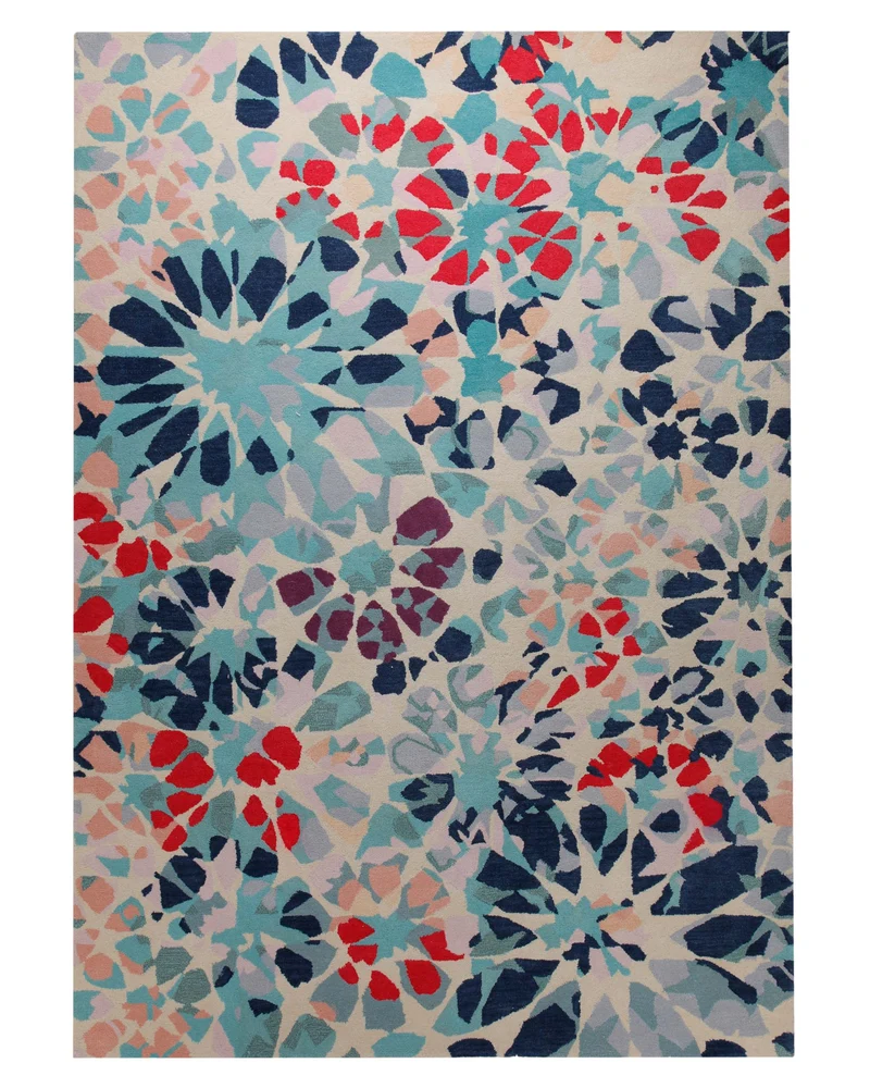 Mosaikblüte in Nachtblau - Handtuft Wolle 160 x 230 cm