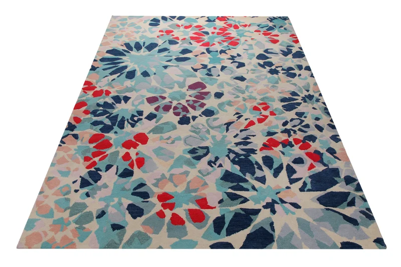 Mosaikblüte in Nachtblau - Handtuft Wolle 160 x 230 cm