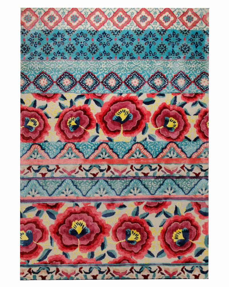 Suzani-Streifen in Türkis - Handtuft Wolle 160 x 230 cm
