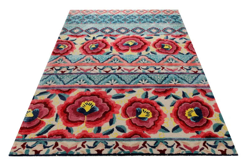 Suzani-Streifen in Türkis - Handtuft Wolle 160 x 230 cm