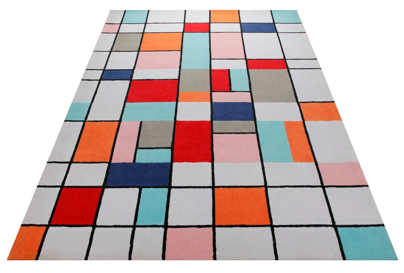 Farbraster in Rot und Türkis - Handtuft mit Gitterlinie 160 x 230 cm