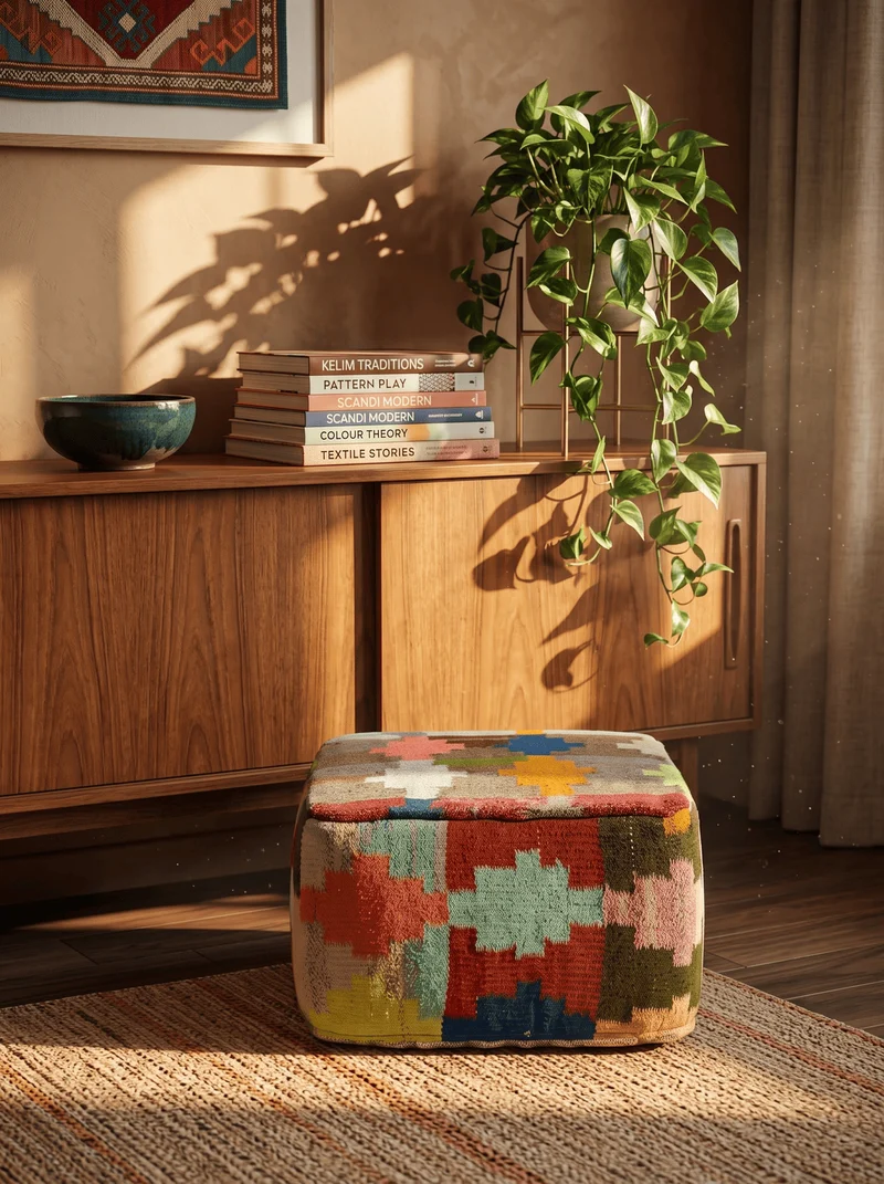 Kelim Pouf · Handgefertigt – Bunt, 65x65 cm