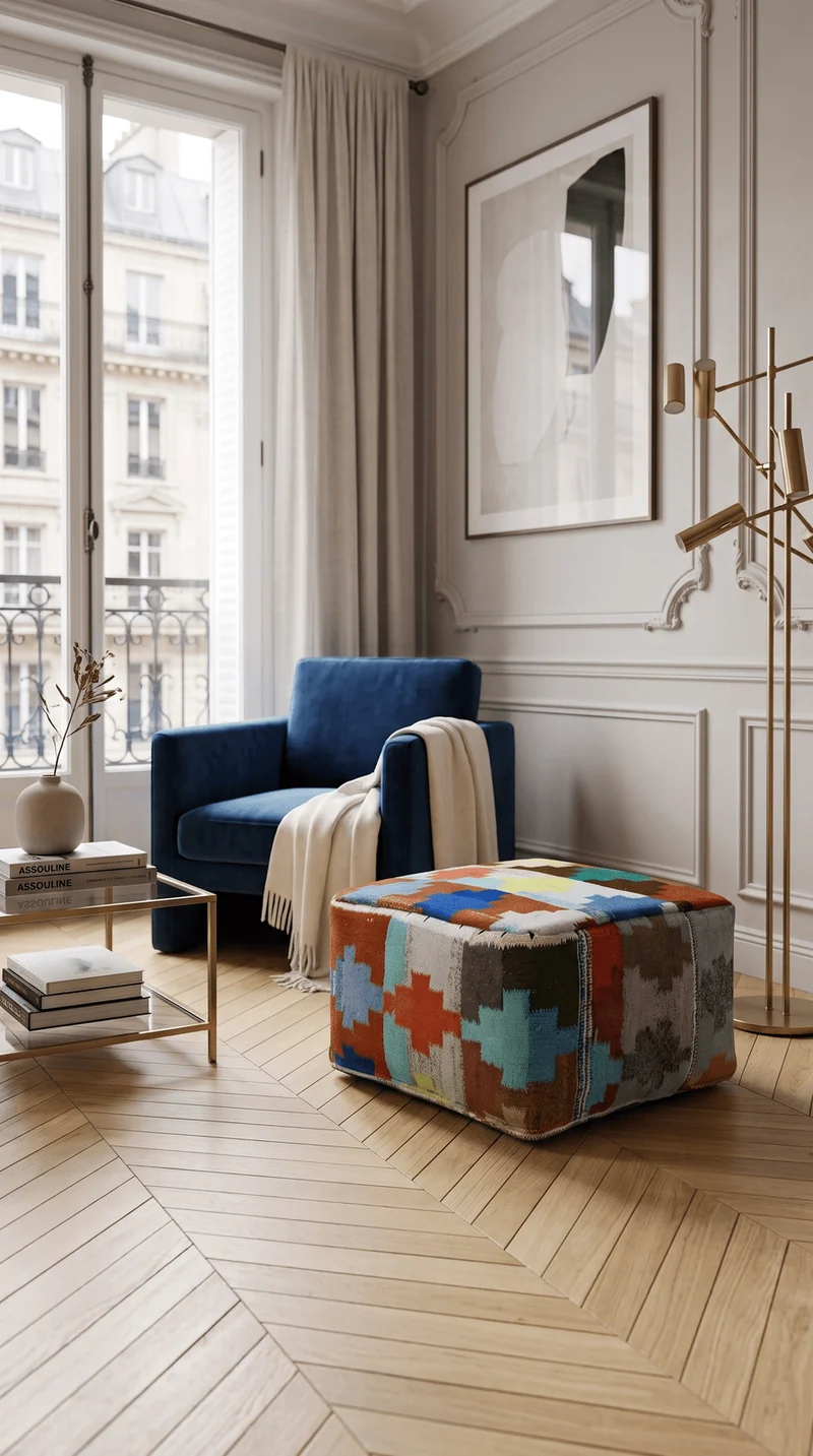 Kelim Pouf · Handgefertigt – Bunt, 65x65 cm