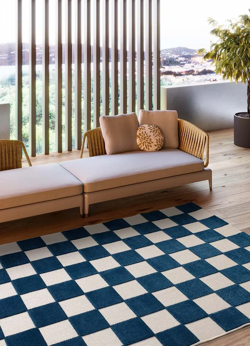 Alfombra de exterior geométrica azul Cuadros 23515 de 160x230 cm