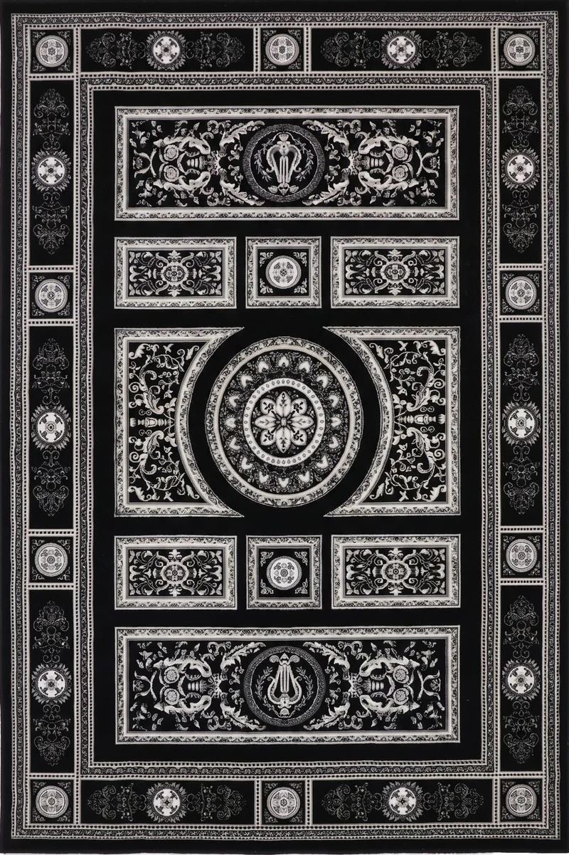 Kurzflor Teppich Orientalisch Schwarz & Gold– Teppich Wohnzimmer & Schlafzimmer