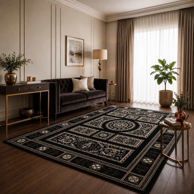 Kurzflor Teppich Orientalisch Schwarz & Gold– Teppich Wohnzimmer & Schlafzimmer