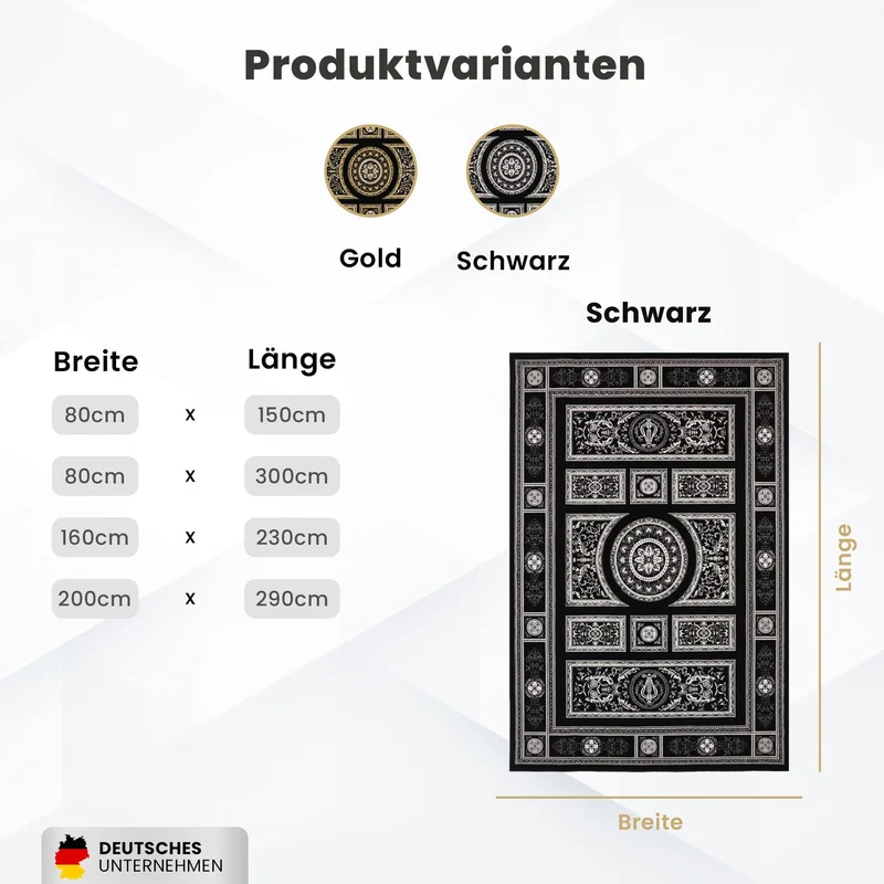 Kurzflor Teppich Orientalisch Schwarz & Gold– Teppich Wohnzimmer & Schlafzimmer