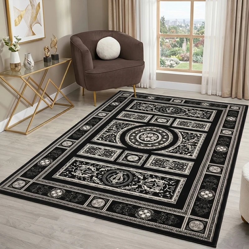 Kurzflor Teppich Orientalisch Schwarz & Gold– Teppich Wohnzimmer & Schlafzimmer