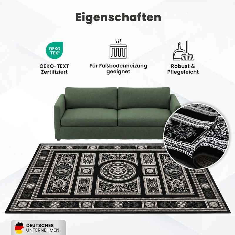 Kurzflor Teppich Orientalisch Schwarz & Gold– Teppich Wohnzimmer & Schlafzimmer