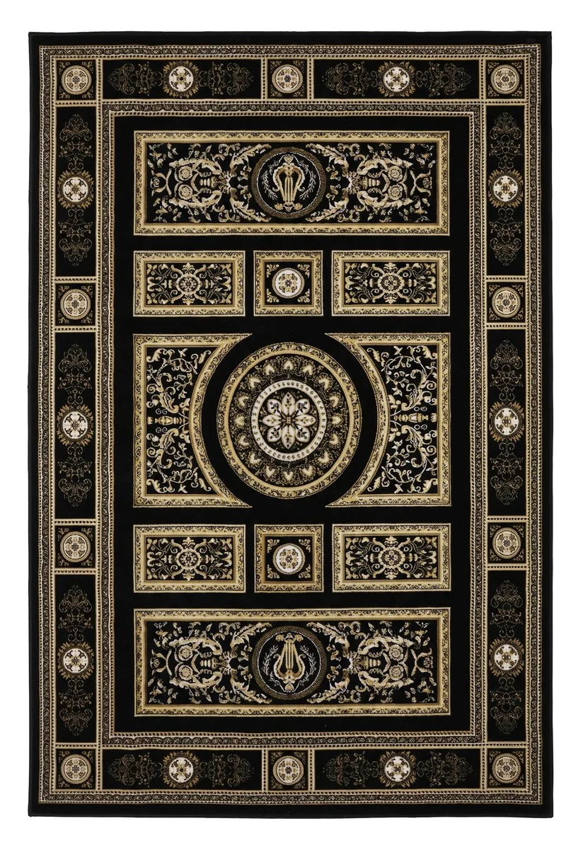 Kurzflor Teppich Orientalisch Schwarz & Gold– Teppich Wohnzimmer & Schlafzimmer