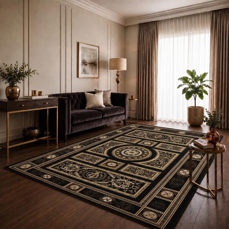 Kurzflor Teppich Orientalisch Schwarz & Gold– Teppich Wohnzimmer & Schlafzimmer