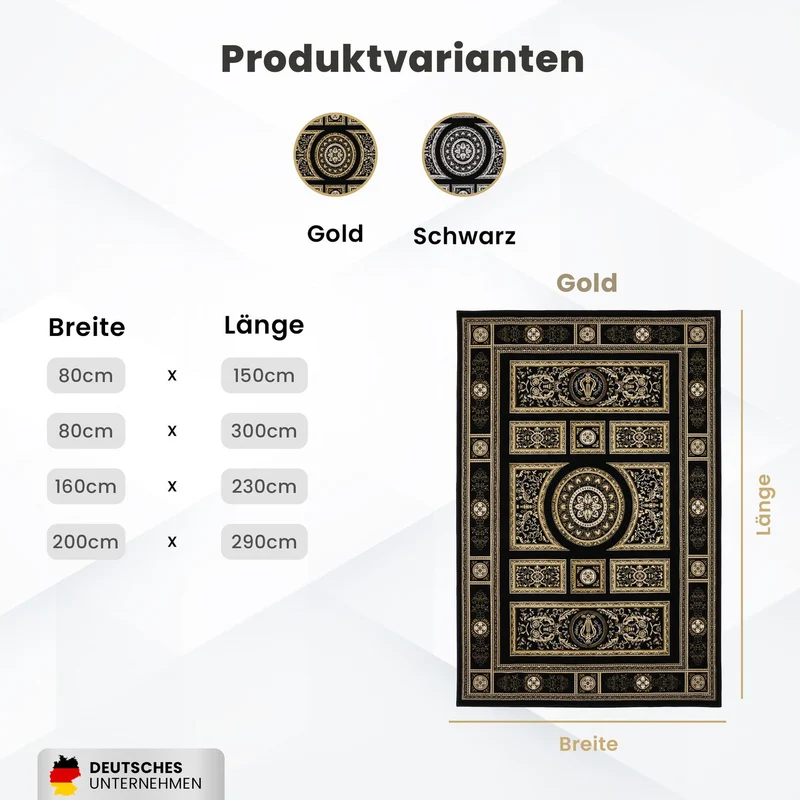 Kurzflor Teppich Orientalisch Schwarz & Gold– Teppich Wohnzimmer & Schlafzimmer