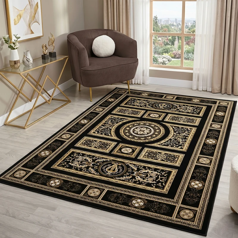 Kurzflor Teppich Orientalisch Schwarz & Gold– Teppich Wohnzimmer & Schlafzimmer