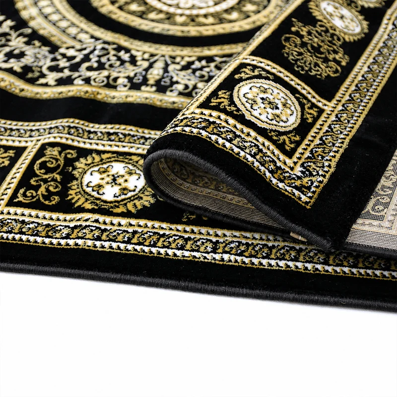 Kurzflor Teppich Orientalisch Schwarz & Gold– Teppich Wohnzimmer & Schlafzimmer