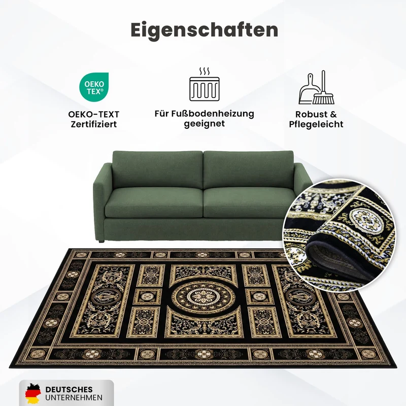 Kurzflor Teppich Orientalisch Schwarz & Gold– Teppich Wohnzimmer & Schlafzimmer