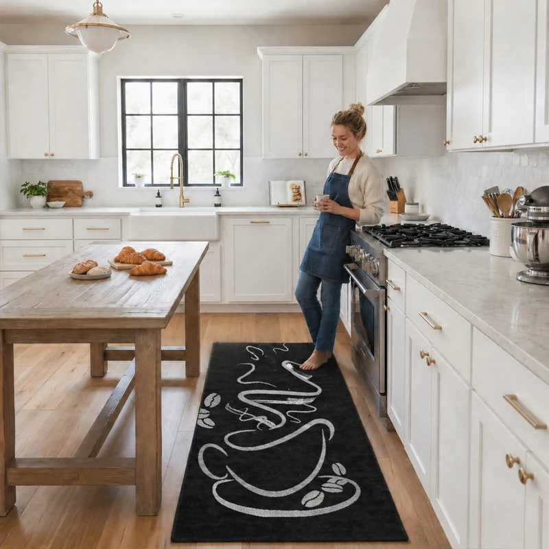 Küchenteppich Trendiger Kaffee Teppich, Cappuccino Muster Tasse Kurzflor in Braun, Grau &Schwarz