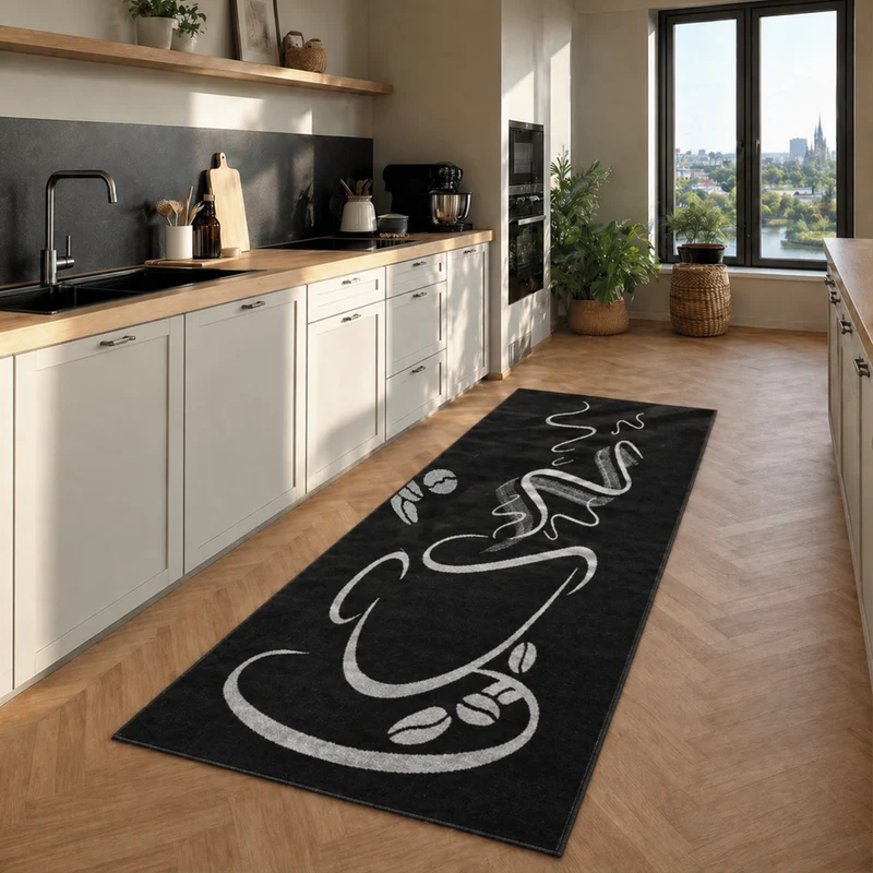 Küchenteppich Trendiger Kaffee Teppich, Cappuccino Muster Tasse Kurzflor in Braun, Grau &Schwarz