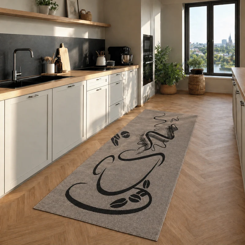 Küchenteppich Trendiger Kaffee Teppich, Cappuccino Muster Tasse Kurzflor in Braun, Grau &Schwarz