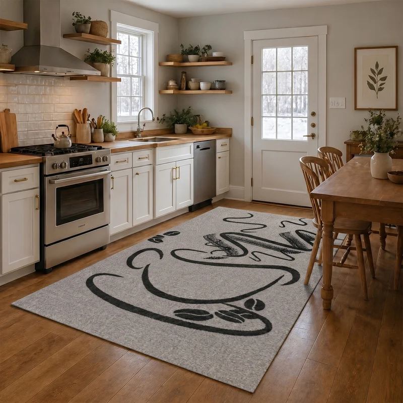 Küchenteppich Trendiger Kaffee Teppich, Cappuccino Muster Tasse Kurzflor in Braun, Grau &Schwarz