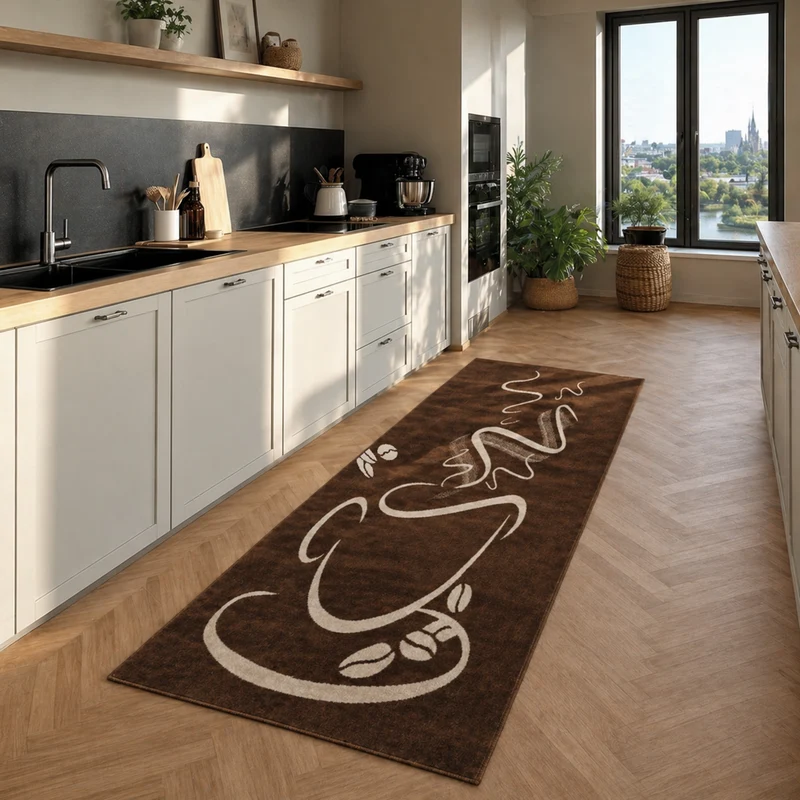 Küchenteppich Trendiger Kaffee Teppich, Cappuccino Muster Tasse Kurzflor in Braun, Grau &Schwarz